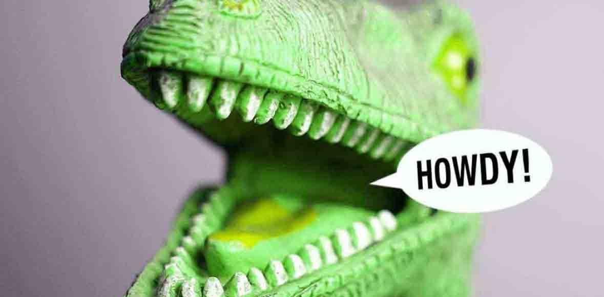 blog with head of bright green toy dinosaur with open mouth open